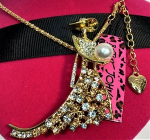 BETSEY JOHNSON GARDEN PARTY LADY CITRINE YELLOW/CLEAR CRYSTALS  GOLD PIN/PENDANT - Picture 1 of 5
