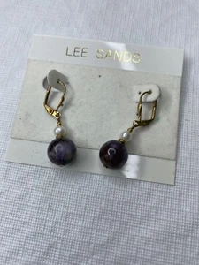 Lee Sands Daggle Earrings Gold Purple Pearl Drop Statement Earring  - Picture 1 of 3