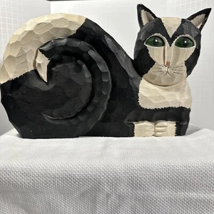 James Haddon Folk Art Cat Carved Wood Black White Green Eyes Signed Large 15 in. - Picture 1 of 21