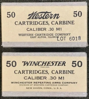 WESTERN CARTRIDGE CO. WESTERN & WINCHESTER EARLY WAR M1 CARBINE WWII NEW REPLICA 50 ROUND AMMO BOXES