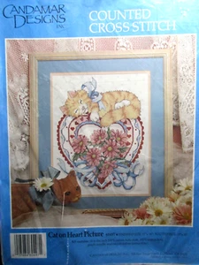 Candamar Designs Counted Cross Stitch 11 X 14" Kit Cat on Heart 1992 - Picture 1 of 4
