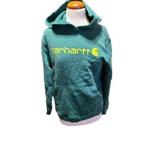 Carhartt Pine Green Hoodie Neon Yellow Logo Kids SzXL 18-20 Or Women's Sz S - Picture 1 of 7