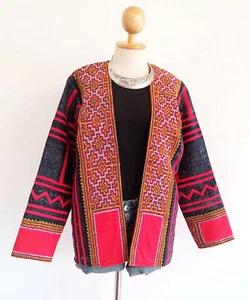 Women's Thai Hmong Black Hemp Robe Hand Writing Candle Indigo-dyed Embroidery  - Picture 1 of 5