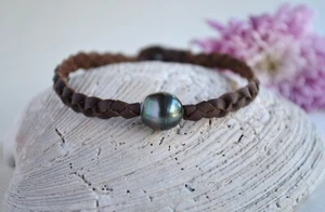 Unisex Tahitian Pearls Bracelet Braided Leather Tahiti Pearl Bracelet by Yevga - Picture 1 of 9
