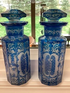 Pair of Antique Bohemian Blue Edged Cut To Clear Perfume Bottles - Picture 1 of 22