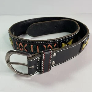 GAP Leather Belt Black Size 30 Medium Boho Yellow Blue Diamonds Southwestern - Picture 1 of 7