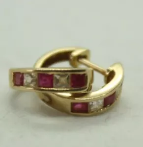 100% Genuine 10k Solid Yellow Gold CZ and Rubies Hoop Earrings Latch Back Lock - Picture 1 of 12