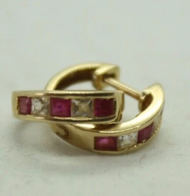 100% Genuine 10k Solid Yellow Gold CZ and Rubies Hoop Earrings Latch Back Lock - Image 1 of 4