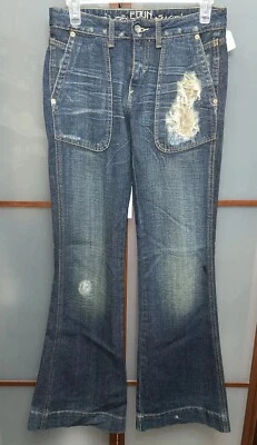 Pantalones de mezclilla para mujer EDUN vintage Y2K años 90 desgastados azul rasgado pierna ancha talla 26 Foto 1 de 4