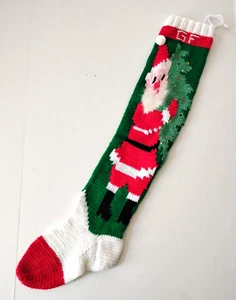 Vintage handgestrickter Weihnachtsstrumpf Weihnachtsmann Baum Pailletten rot grün 33" - Bild 1 von 6