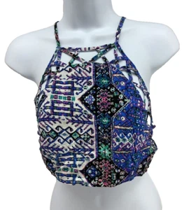 Millau Womens Crop Top Multicolor Geometric Sleeveless Halter Neck Cut Out S NWT - Picture 1 of 8
