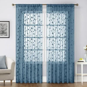 Cyan Blue Sheer Curtains 52 X 84 Inches Length 2 Panels Embroidered Vine Flor... - Picture 1 of 9