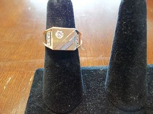 14K SOLID YELLOW GOLD MEN'S RING SQUARE, WITH WHITE, RED GOLD WITH CZS - Picture 1 of 3