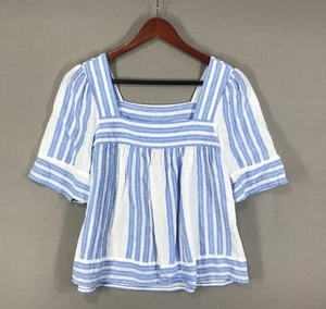 Old Navy Top Womens Small Blue White Stripe Cropped Boho Square Neck Linen Blend - Picture 1 of 9