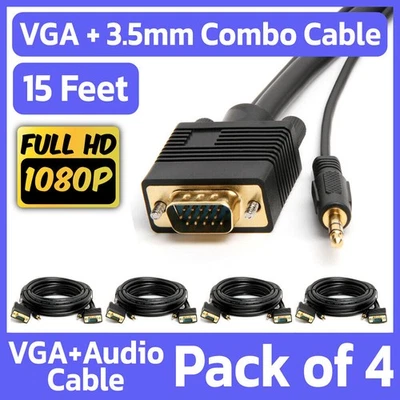 4 Pack VGA Cable + 3.5mm Audio 15 FT SVGA Male to Male Monitor PC Cord with Aux - Image 1 of 4