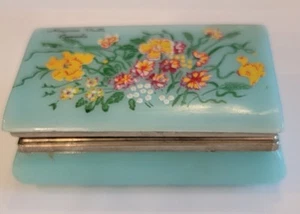Trinket Box Light Blue Plastic Hinged Brass Painted Flowers- Niagra Falls Canada - Picture 1 of 5