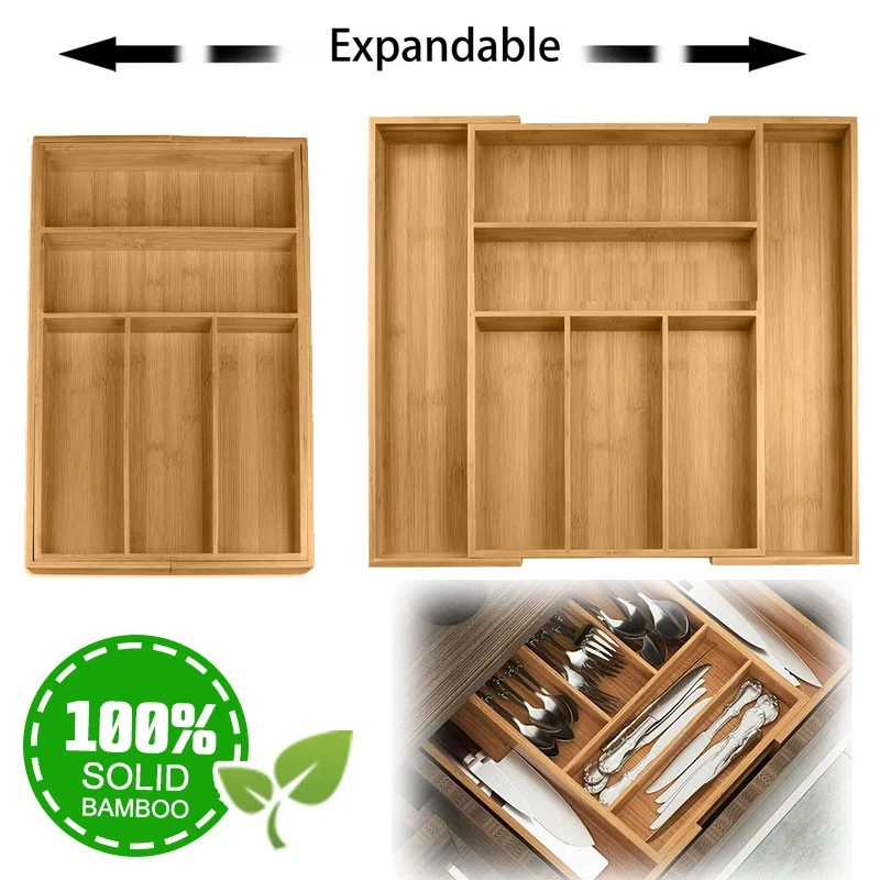 Bamboo Silverware Organizer Tray - 5-Slot Kitchen Drawer Utensil Holder, 14.2x6.7x1.6 Inches