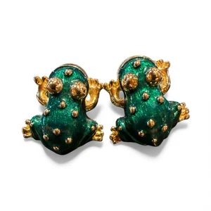 Vintage KENNETH JAY LANE KJL Green Enamel  FROG Earrings Excellent - Picture 1 of 4