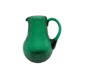 Vintage Crackle Glass Pitcher Hand Blown Small Jug 3.5" Decorative Emerald Green - Picture 1 of 7