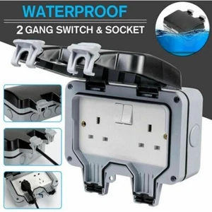 Weatherproof Outdoor Plug 13A 2 Gang Twin Switched Double Socket Outside Box UK - Picture 1 of 12