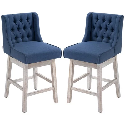 Juego de 2 taburetes de bar giratorios, tapicería de lino de 27" de altura de mostrador y botones acolchados Foto 1 de 4