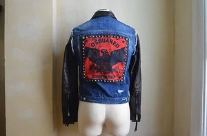 Dsquared ² Cool Nieten Adler Patch Waschung Blau Denim Black Lederjacke 38 48 M - Bild 1 von 12