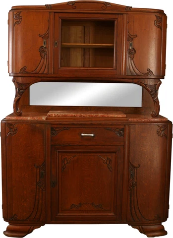 1920 Buffet Art Deco / MidCentury Modern Oak Roses, Mirror, Red Marble Cover