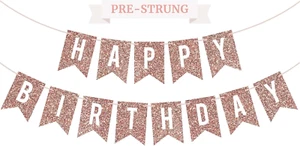 Pre-Strung Happy Birthday Banner - No DIY - Rose Gold Glitter Birthday Party Ban - Picture 1 of 9