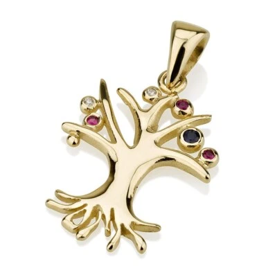 Tree of Life Jewish Pendant 14k Yellow Gold w/ Ruby Diamond & Sapphire Jewelry - Image 1 of 4
