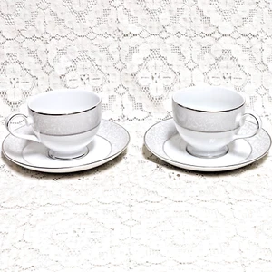 Mikasa Parchment Cup & Saucer Sets L3438 Scrolls Thailand Platinum 2 Sets New - Picture 1 of 8