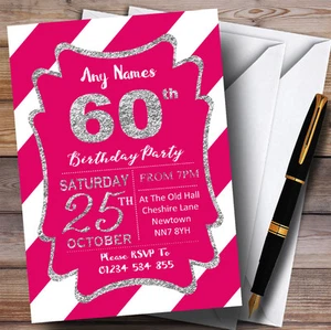 Rosa Blanco Rayas Diagonales Plata 60 Personalizadas Cumpleaños Fiesta Invitaciones - Imagen 1 de 1