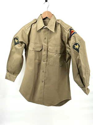 1950s US Army Shirt Beige cotton twill patches 1958 sanforized safari mens XS - Image 1 of 4