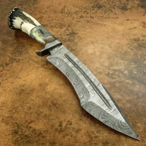 15" MACHETE ATEMBERAUBEND MASSGESCHNEIDERT HAN GESCHMIEDET DAMAST STAHL BOWIE, HIRSCHHORN - Bild 1 von 4