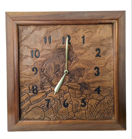 Vintage Wall Clock 16" Tooled Leather Mountain Goat Scene 1970s Western Decor Cover
