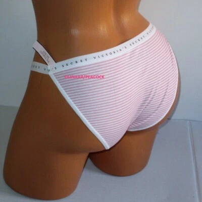 VICTORIAS SECRET Cotton String Bikini panty  L XL Pink White Iconic Stripe Logo - Image 1 of 4