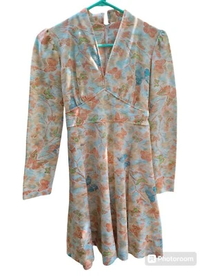 Vintage 70s Handmade Butterfly Fabric Dress Floral Whimsical Boho Cottagecore - Image 1 of 3