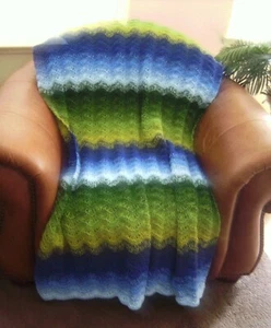  NEW HAND CROCHET BLUE AND GREEN  AFGHAN LAP BLANKET THROW BLANKET HAND MADE - Picture 1 of 9