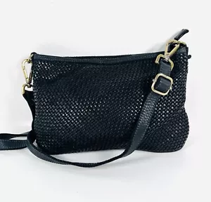 Vintage Italian Black Woven Leather Crossbody Bag With Intrecciato Weave. - Picture 1 of 16