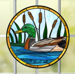 Mallard Duck Faux Stained-Glass WINDOW CLING Sun-catcher Size 8" Round Vinyl - Picture 1 of 2