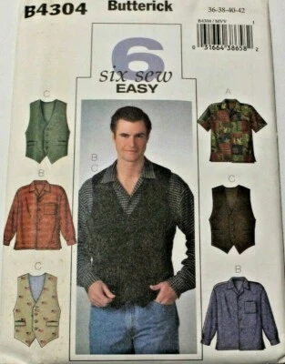 Butterick 4304 Men Button Front Shirt & Vest 6 Styles Sewing Pattern 36-38-40-42 - Image 1 of 2