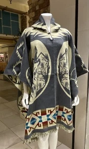 Alpaca Wool Poncho, Unisex, Native Wolf, Cape, Hooded With Wooden Buttons - Picture 1 of 8