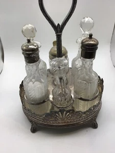 Vintage 6 Piece Crystal Cut Glass Silver Plated Cruet Set Condiment Tray - Picture 1 of 7