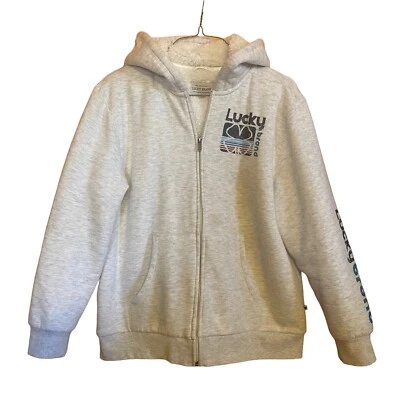 Sudadera con capucha forrada Sherpa gris grande Lucky Brand para mujer trébol cremallera completa California Foto 1 de 4