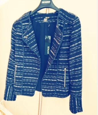 NWT French style tweed jacket original braided trim navy blue marine ivory - Image 1 of 4