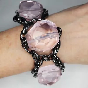 J Crew Bracelet 7.5" Huge Pink Faceted Lucite Gunmetal Gray Rock Candy Statement - Picture 1 of 24