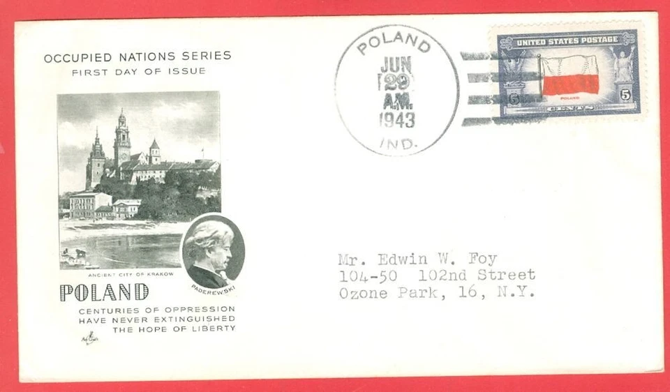 USA Topic POLAND Flag & Poland Post Mark FDC Cover 1943 - Image 1 of 1