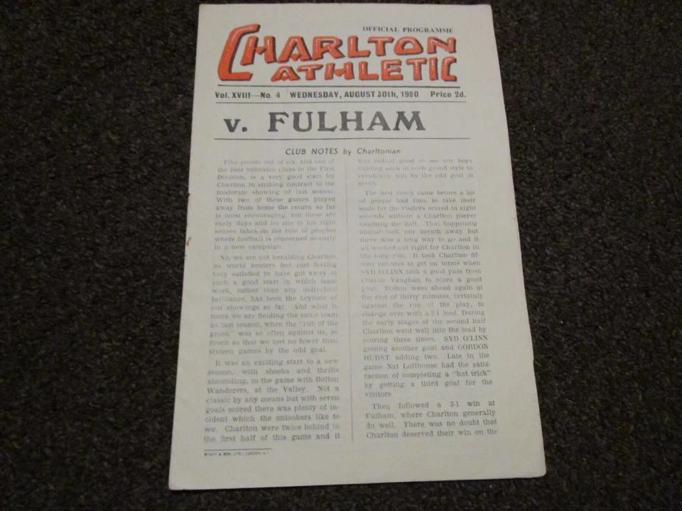 CHARLTON  ATHLETIC  v  FULHAM  1950/1 AUGUST 30th - Image 1 of 1