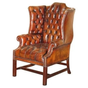 ANTIQUE FULLY RESTORED BORDEAUX LEATHER TUFTED CHESTERFIELD WINGBACK ARMCHAIR - Picture 1 of 20