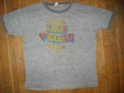 ВИНТАЖНЫЙ 70-Х БОЛЬШОЙ LAS VEGAS NEVADA RAYON TRI СМЕСЬ RINGER РУБАШКА - Изображение 1 из 4