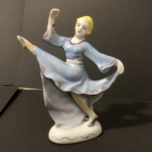 Vintage Art Deco Dancing Woman Ceramic Pottery In Blue Flowing Dress Silver Tone - Picture 1 of 11